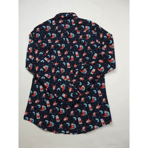 men's SIMON BANKS Christmas button up, Santa surfing, medium, NEW - Picture 2 of 3